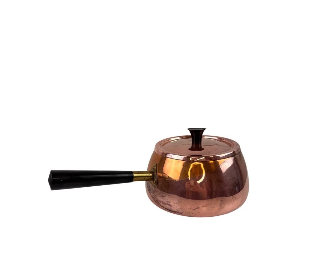 Vintage MCM Solid Copper Pot Rose Gold Metal Wooden Handle Lid Made In Portugal